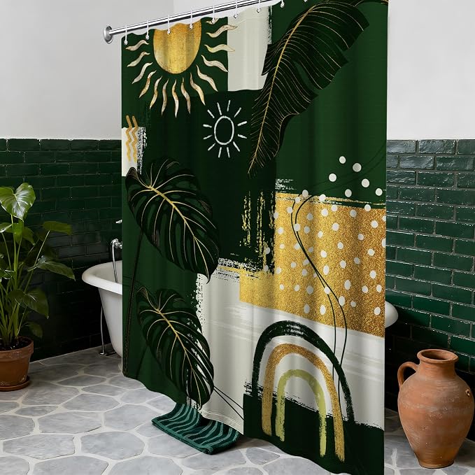 Green and Gold Mid Century Modern Shower Curtain Bohemian Abstract Shower Curtains for Bathroom Decor Sets, Waterproof Cloth Fabric with Hooks, 70x78 Inch