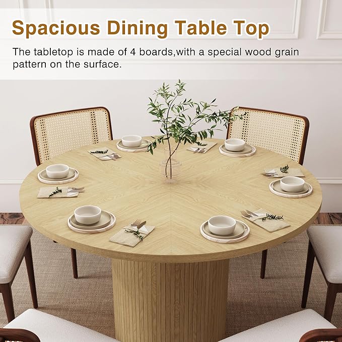 47 Inch Round Dining Table, Farmhouse Fluted Dining Kitchen Table, Modern Wood Small Circle Dining Table for Kitchen Living Room, Natural