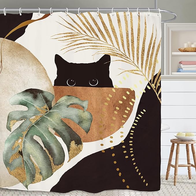 Yookeb Abstract Mid Century Bathroom Shower Curtain 60W by 71H Inch Cat Vintage Minimalist Plant Monstera Brown Aesthetic Polyester Fabric 12 Plastic Hooks Waterproof Decor