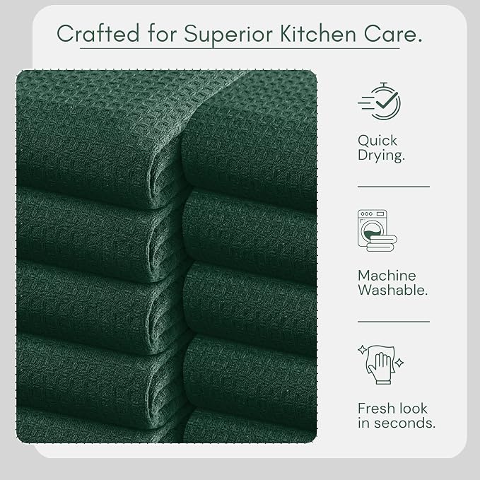 TWINY threads Waffle Weave Kitchen Towel Set of 12, 16x26 Inches, Premium 100% Cotton Dishcloths with Hanging Loop, Absorbent, Quick Drying Cloths for Drying Dishes, Washable, Reusable, Forest Green