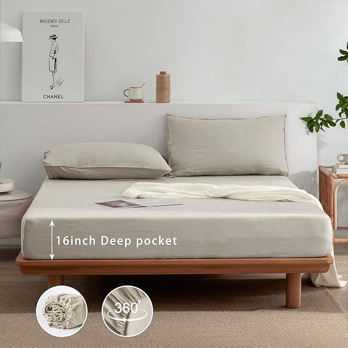 EVERLY Linen Sheets Set Full Size,100% French Stonewash Pure Linen Bed Sheets,4Pieces (1Flat Sheet,1Fitted Sheet,2Pillowcase) Suitable for Hot Sleepers,Deep Pocket Natural Bedding Set
