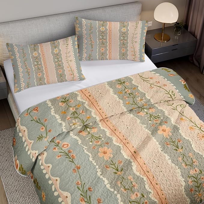 AILONEN King Quilted Comforter Set 3 Piece, Luxury Floral Vertical Bedspread Coverlet with 2 Pillowcases, Premium Apricot Bloom Bedding for Adults Suite Home Decor Upgrade Classic Forest