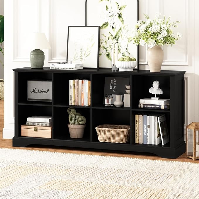 8 Cube Storage Organizer - 62" Long Farmhouse Wood Low Bookshelf, Horizontal Open Shelf Bookcase Cubby Storage Console Cabinet for Living Room, Entryway, Office, Black