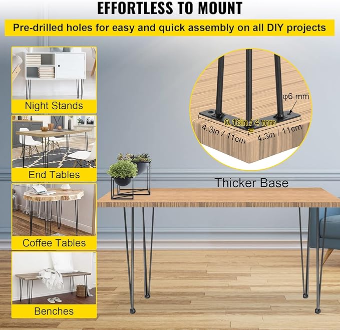 VEVOR Hairpin Table Legs 30" Black Set of 4 Desk Legs 880lbs Total Load Capacity Hairpin Desk Legs 3 Rods for Bench Desk Dining End Table Chairs Carbon Steel DIY Heavy Duty Furniture Legs