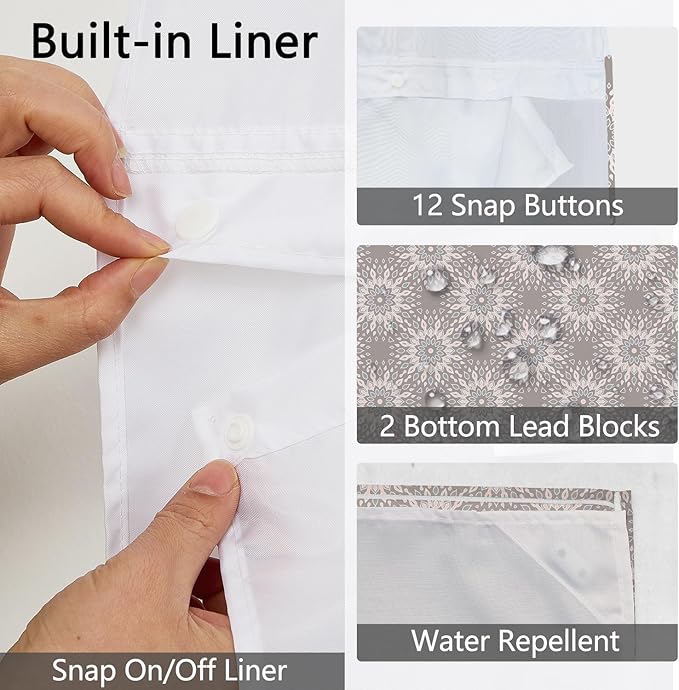 No Hook Shower Curtain with Snap in Fabric Liner Set, Waterproof Bath Curtain with Stylish Gray Floral Design, Mandala Pattern with See Through Top Window, 71x74 Inches