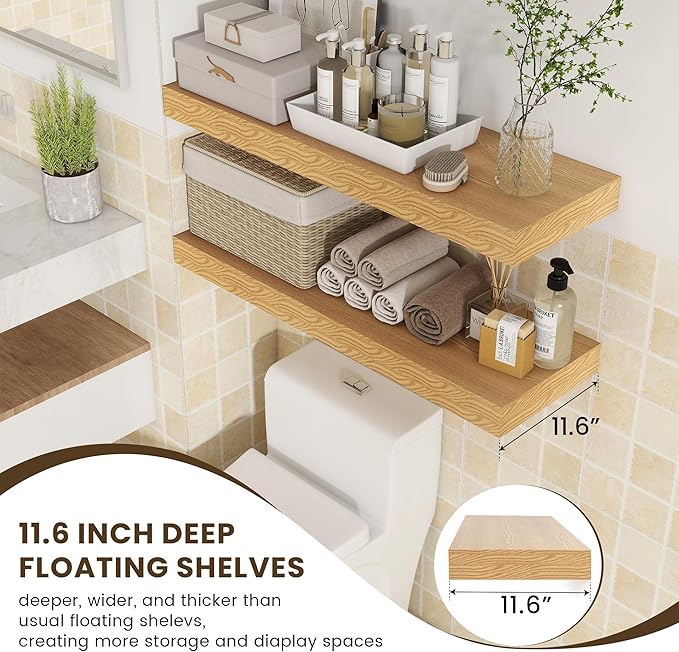 Deep Floating Shelves | 36 Inch Oak Floating Shelves Set of 2 | 12 Inch Deep Rustic Wood Shelves for Wall | 36" W x 12" D Oak Shelves for Living Room Bathroom Laundry Room Kitchen