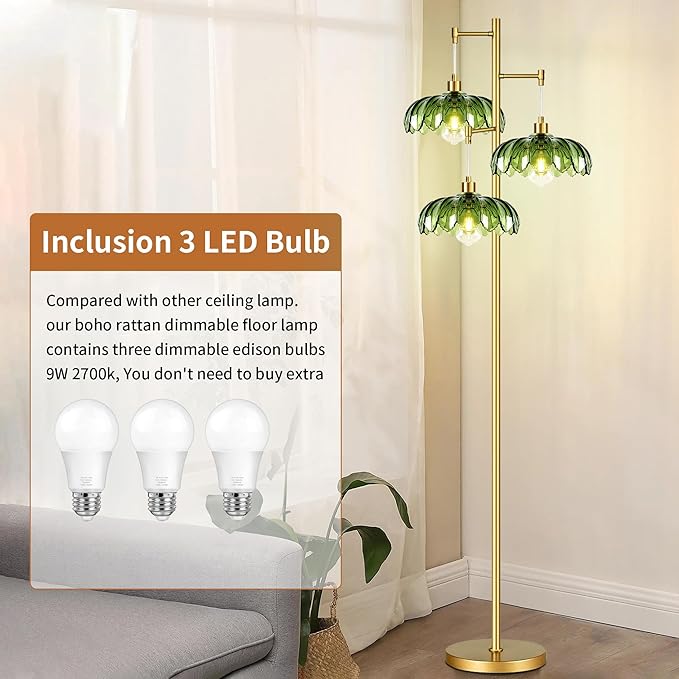 ZECOXOL Gold Floor Lamps for Living Room Bedroom-3 Light Glass Floor Lamp with Three Led Bulb,Mid Century Standing Lamp Vintage Brass Tall Lamp Tree Floor Lamp for Bedroom Corner