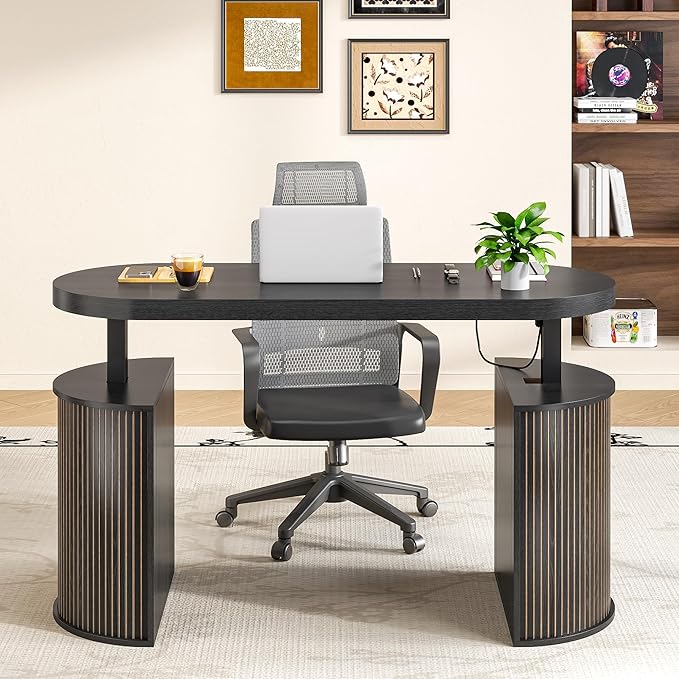 Mid Century Modern Electric Standing Desk with Storage, 55 x 22 Inch Small Sit Stand Up Desk, Wood Adjustable Height Computer Executive Desk for Home Office, Laptop, Black
