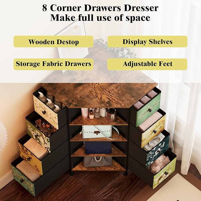 LUMTOK 8 Drawers Corner Dresser with Storage Fabric Drawers and Open Shelves for Small Space，Bedroom，Entryway，Living Room (Retro Pattern)