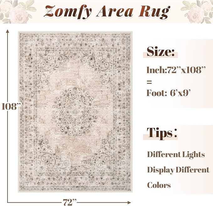 Area Rug 6x9 Vintage Rug: Washable Indoor Medallion Rugs Low Pile Distressed Floor Carpet Retro Accent Rug for Living Room Bedroom Kitchen Dining Table Home Office(Distressed Brown, 6'x9')