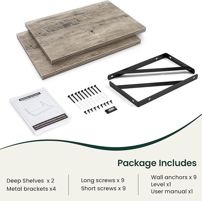 Floating Shelves, 12 Inch Deep Rustic Wood Wall Storage, 16W x 12D Wall Shelves Set of 2, Heavy Duty Metal Brackets, Large Industrial Book Shelf for Living Room, Kitchen, Bedroom, Grey