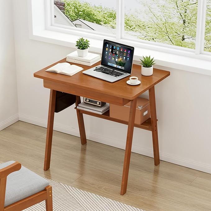 Solid Wood Writing Desk with Drawers - 31.5" Mid Century Modern Desk, Small Computer Home Office Desks for Small Spaces with Storage Shelf, Study Makeup Workstation for Bedroom/Living Room, Walnut