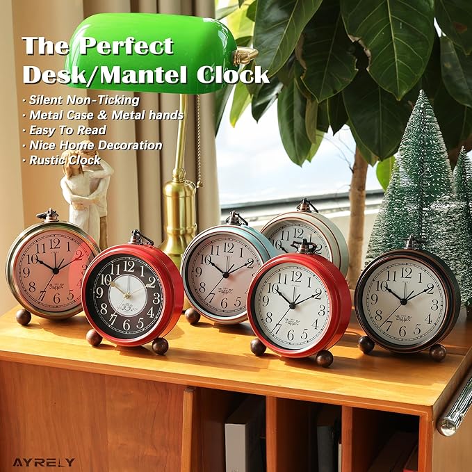 AYRELY® 5.3" Vintage Analog Alarm Clock, Battery Operated Metal Desk Clock, Retro Table Clock with Light for Living Rooms, Bedrooms, Shelf, Home Decor (Gold)