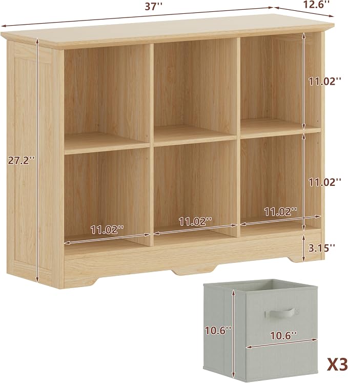 VORONOI 6 Cube Storage Organizer with 3 Fabric Drawers and Removable Shelves — Modular Cube Bookshelf for Bedroom, Living Room, or Home Office, Short Cube Bookcase for Toys, Decor,Natural Wood