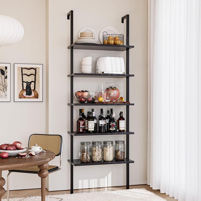 Furmax 5-Tier Bookshelf, Wall Mount Ladder Shelf with Wood Board and Industrial Metal Frame, for Home Office, Living Room, Bedroom, Entryway and Hallway, (2, Black)