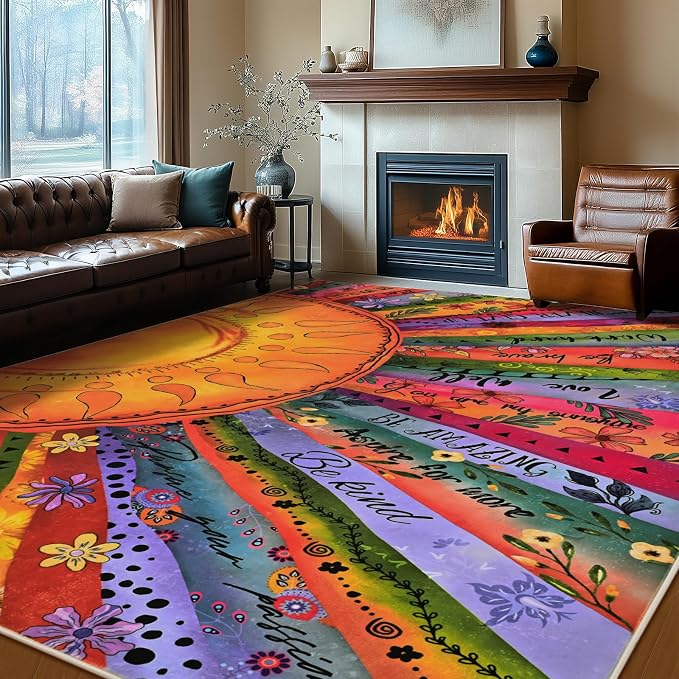 Likiyol Sun Rugs for Living Room 6x9 Area Rug, Non Slip Washable Rugs for Bedroom Soft Faux Wool Inspirational Living Room Rug, Large Carpet Low Pile for Dining Room, Home Office Decor