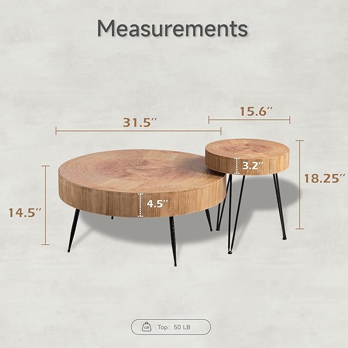 LONYKE 2-Piece Modern Farmhouse Living Room Coffee Table Set, Nesting Table Round Natural Finish with Handcrafted Wood Ring Motif, Light Red + Wood Color