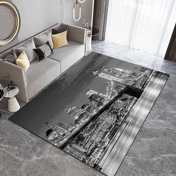 3x4 Area Rugs Gray City Nightscene Decorative Rug, City Building Night View Easy Clean Carpet with Anti-Slip Backing for Bedroom Living Room Dining Room Office