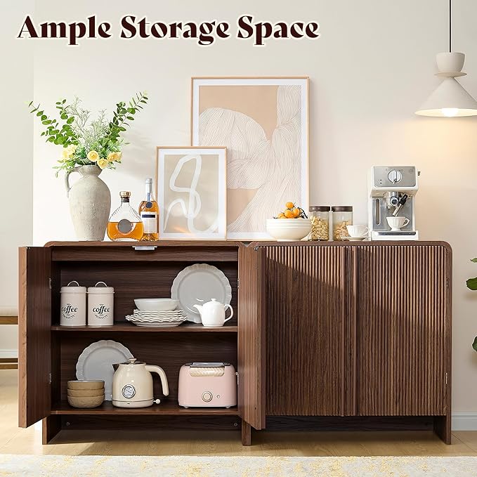 AMERLIFE 2-Piece Fluted Buffet Cabinet with Storage, Modern Sideboard Cabinet with Doors & Adjustable Shelf, Console Table & Credenza for Living Room, Kitchen & Entryway, Brown