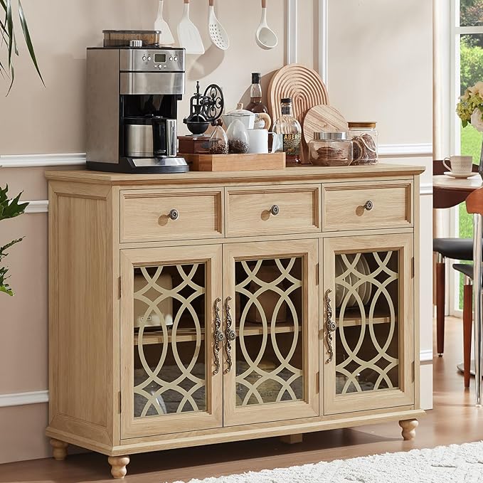 Farmhouse Sideboard Buffet Cabinet with Storage,48" Large Credenza with 3 Glass Doors & 3 Drawers,Adjustable Shelves Console Table,Wood Kitchen Coffee Bar for Dining Room,Living Room,Natural
