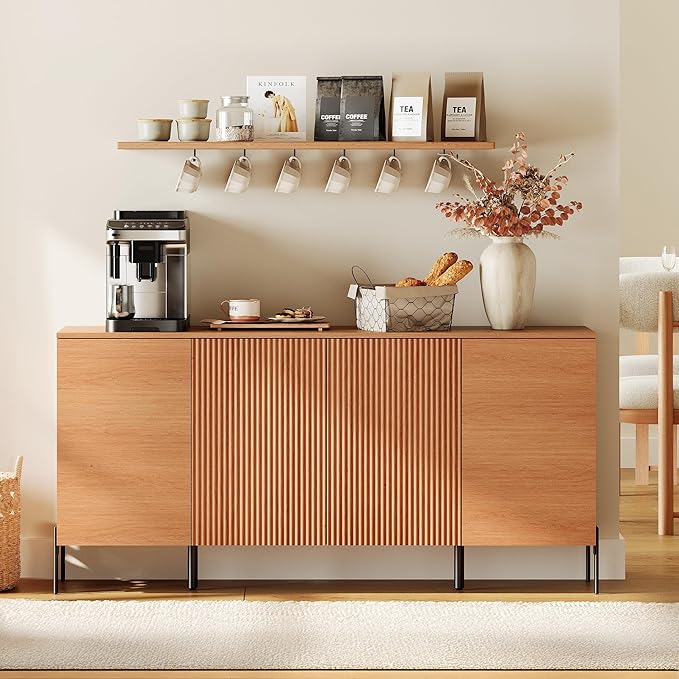 WAMPAT Fluted Buffet Cabinet with Storage, 61.6" Large Sideboard Cabinet with Storages, Modern Buffet Table Coffee Bar Wine Bar Storage Organizer with 4 Doors for Kitchen, Dining Room, Hallway, Mocha