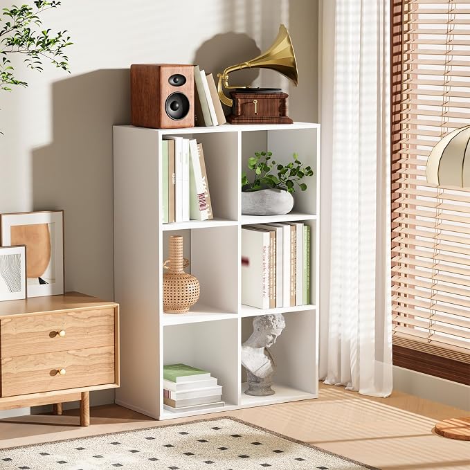 6 Cube Storage Organizer, Open Bookshelf Storage Cubes Shelf with Back Panel, Wooden Display Shelf Bookcase Standing Shelves for Living Room, Bedroom, Home Office (White, 6-Cube)