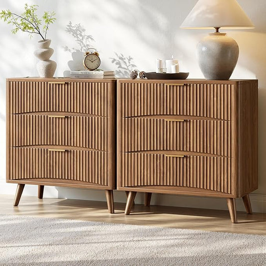 Evermagin 31.5" W Oversized Nightstands Set of 2, Walnut Fluted Night Stand, Tall Large 3 Drawer Bedside Table, Mid Century Modern Bedside Table for Bedroom