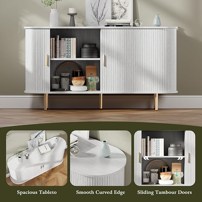DHH Sideboard Buffet Cabinet with Storage,Mid Century Modern Fluted Accent Coffee Bar Console Table,Tambour Sliding Doors& Adjustable Shelf for Kitchen, Living Room, Entryway(White,55 Inch)
