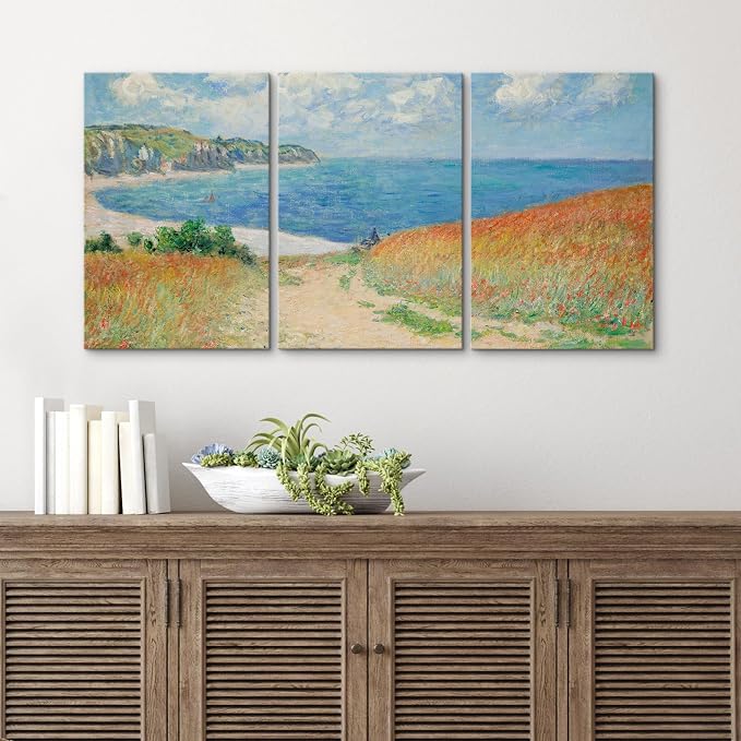 wall26 Canvas Print Wall Art Set Path Through The Corn at Pourville by Claude Monet Cultural Historic Oil Painting Fine Art Reproduction for Living Room, Bedroom, Office - 24"x36" x 3 Panels