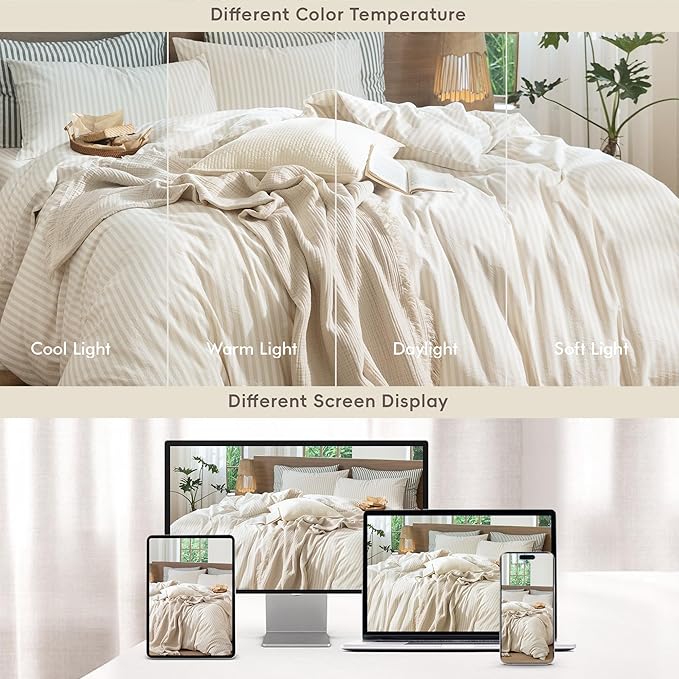 MooMee Striped Duvet Cover Set 100% Washed Cotton Linen Like Textured Breathable Durable Soft Comfy (Almond Milk Grey Classic Stripes, Super King 108"x98")
