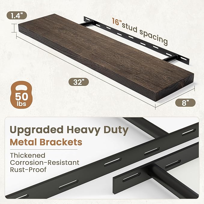 Fun Memories Solid Elm Wood Floating Shelves Set of 2-32 Inch Rustic Wall Shelves with Heavy-Duty Invisible Brackets - for Living Room, Kitchen, Bedroom, Bathroom - Walnut Finish