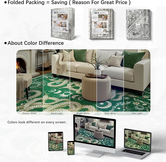 DCX Washable 8x10 Snake Rug, Green Gothic Rug for Living Room, Soft Low Pile Carpet, Kid & Pet Friendly with Rubber Back Non Slip, Stain Resistant Rug for Bedroom Dining Room Office