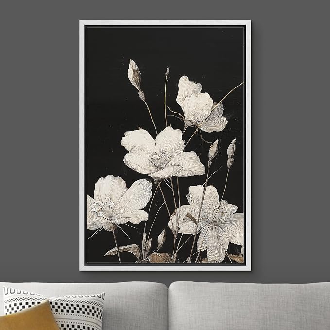 Woodrose Framed Canvas Print Wall Art Delicate White Flowers Elegant Botanical Line Illustrations Modern Art Minimalist 3D Colorful Ultra for Living Room, Bedroom, Office - 24"x36" WHITE