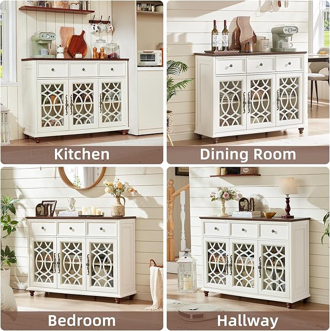 Large Sideboard Buffet Cabinet with Storage,48" Credenza with 3 Glass Doors & 3 Drawers,Adjustable Shelves Coffee Bar,Wood Kitchen Console Table for Dining Room,Living Room,White