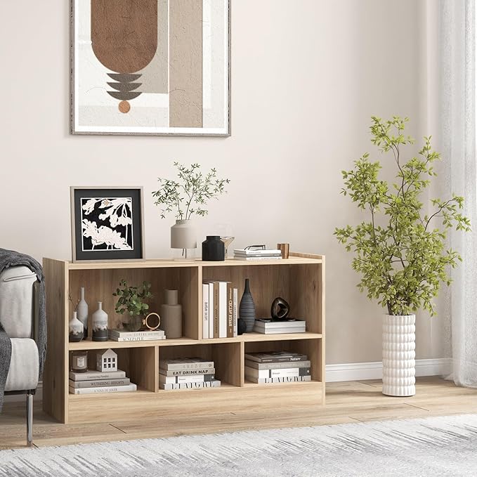 DORTALA 2-Tier Bookcase, 5 Cube Wood Storage Cube Bookshelf, Floor Standing Display Storage Shelf with Non-Slip Foot Pads, Storage Organizer Bookcase for Home Office, Living Room (Natural)
