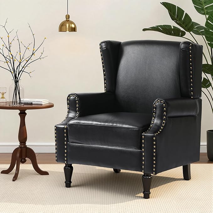 Faux Leather Wingback Chair, High Back Accent Chair, Comfy Upholstered Armchair with Nailhead Trim for Living Room, Single Sofa Reading Chair for Small Spaces, Bedroom-P Black