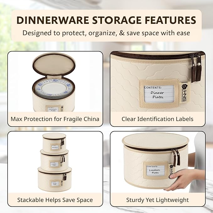 China Storage Hard Shell Containers 5-Piece Set Moving Boxes for Dinnerware, Glasses, Plates, Mugs and Saucers Sturdy Dish Organizer with Dividers for Seasonal Storage - Service for 12 - Beige Quilted