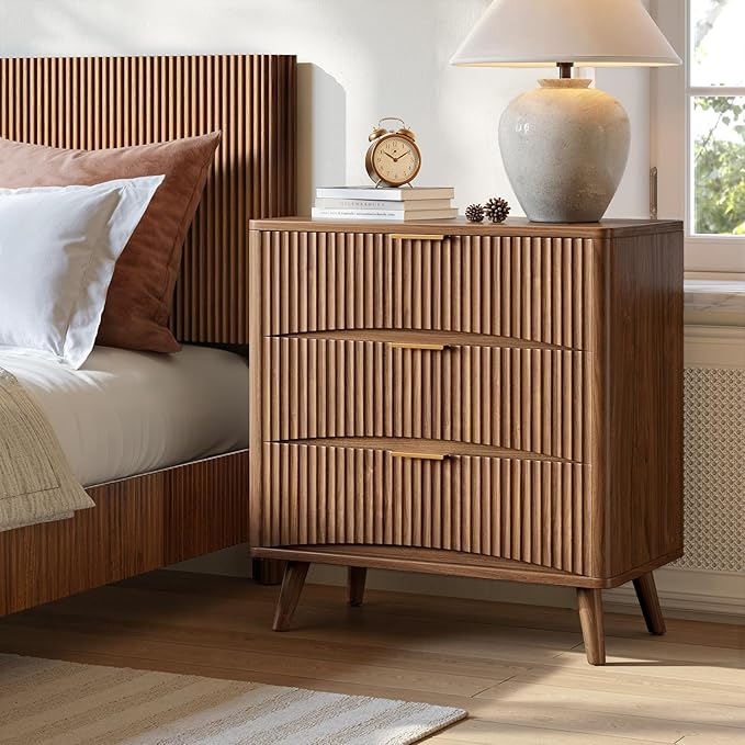 Evermagin 31.5" W Oversized Nightstands Set of 2, Walnut Fluted Night Stand, Tall Large 3 Drawer Bedside Table, Mid Century Modern Bedside Table for Bedroom