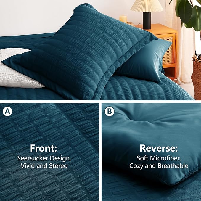 CozyLux Full Size Comforter Sets Lyons Blue, 7 Pieces Seersucker Textured Luxury Bed in a Bag, All Seasons Soft Bedding Sets with Down Alternative Comforter, Sheets, Pillowcases & Shams, Home Gift
