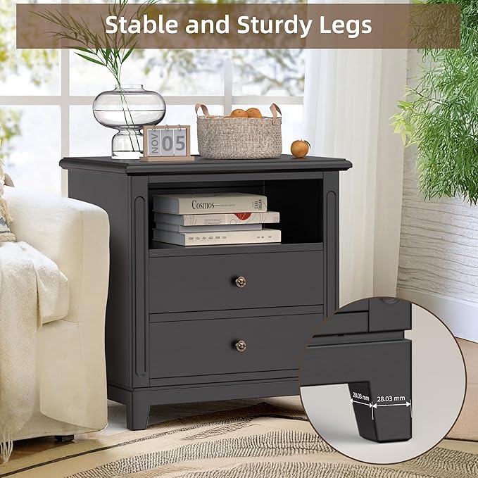 24" Wide Farmhouse Nightstand with Charging Station, Solid Wood End Table with 2 Large Drawers & Open Shelf, Bedside Table with USB Ports and Outlets, Side End Table for Bedroom