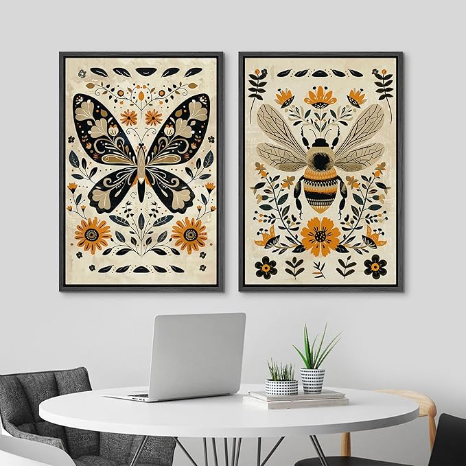 MUDECOR Framed Canvas Print Wall Art Set Butterfly Animals Botanical Bee llustrations Modern Art Decorative Bohemian Calm/Zen for Living Room, Bedroom, Office - 24"x36"x2 Black