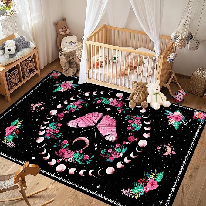 Pink Butterfly Area Rug 4'x6' Moon Phase Floral Rugs for Bedroom Living Room Kitchen Nursery Playroom Home Decor Boho Gothic Butterfly Carpet Non-Slip Washable Floor Mat