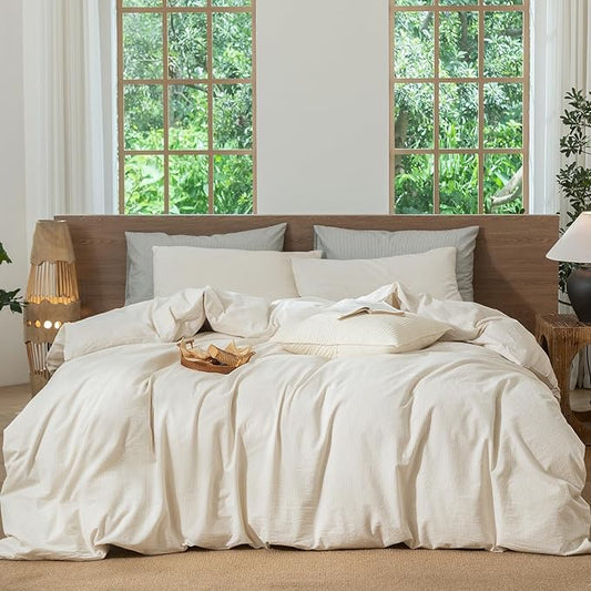 MooMee Striped Duvet Cover Set 100% Washed Cotton Linen Like Textured Breathable Durable Soft Comfy (Almond Milk Grey Pinstripes, Super King Plus 120"x120")