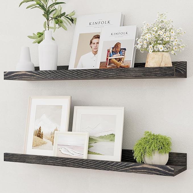 Vivelove Picture Ledge Shelf, Solid Pine Wood Rustic Floating Shelves for Wall, 24 Inch Floating Shelves with Lip for Bedroom Kitchen Living Room Nursery Display Wall Decor, Set of 2 (Grey)