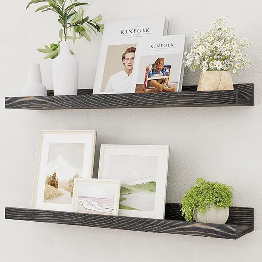 Vivelove Picture Ledge Shelf, Solid Pine Wood Rustic Floating Shelves for Wall, 24 Inch Floating Shelves with Lip for Bedroom Kitchen Living Room Nursery Display Wall Decor, Set of 2 (Grey)
