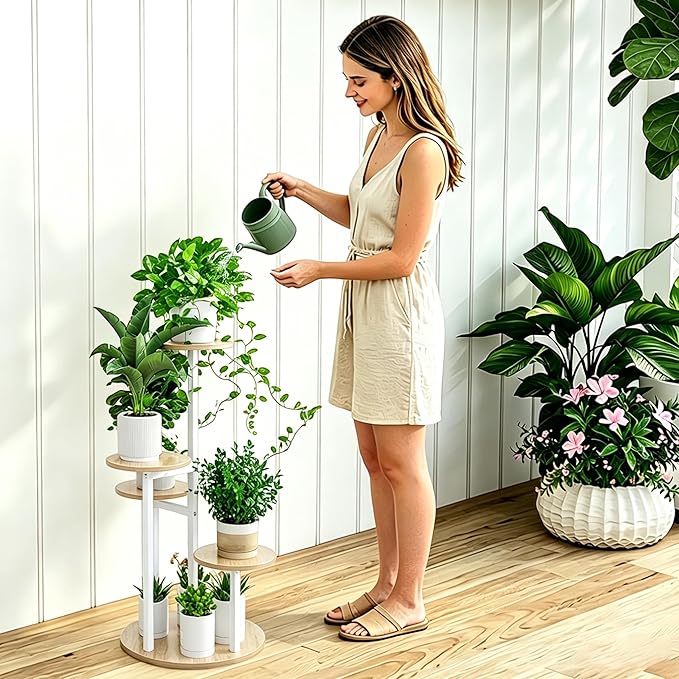 INGIORDAR Plant Stand Indoor Outdoor Corner Plant Shelf for Multiple Flower Pots Flower Stand Holder for Patio Garden Balcony Living Room (White+Sonoma Oak, 5 Tier)