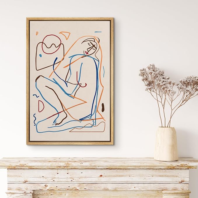 MUDECOR Framed Canvas Print Wall Art Minimalist Modern Abstract Line Drawing of a Reclining Woman Illustrations Modern Art Minimal Relax for Living Room, Bedroom, Office - 24"x36" Natural