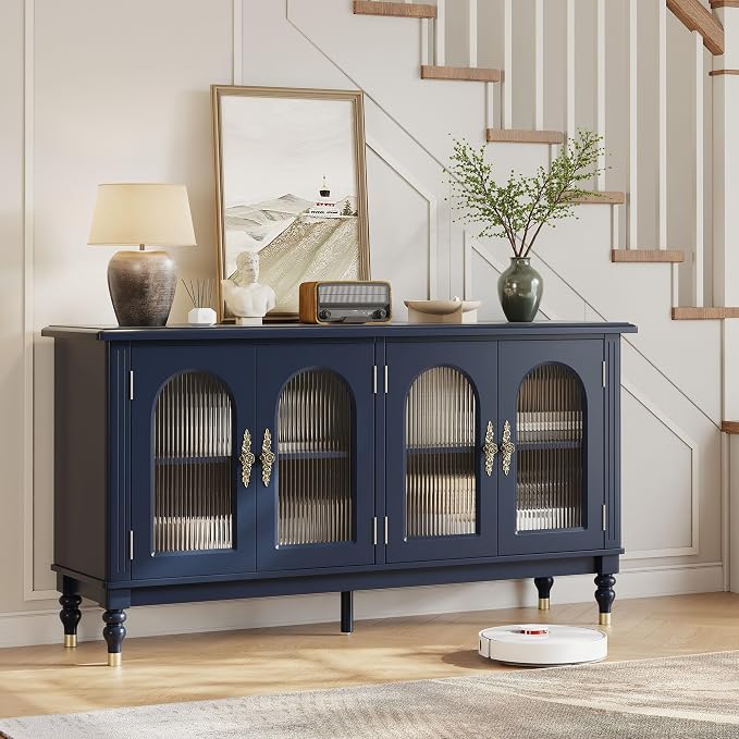 iPormis Fluted Arched Buffet Cabinet Set of 2, 59" Vintage Sideboard with Glass Door & Adjustable Shelves, Mid Century Modern Solid Wood Credenza Accent Cabinet for Living Room, Entryway, Blue