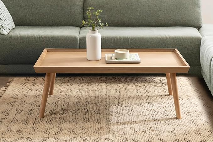 Kate and Laurel Eastmont Rectangle Wood Coffee Table, 46 x 22 x 17, Light Natural, Large Mid-Century Wooden Living Room Table with Stylish Tapered Legs and Adjustable Feet