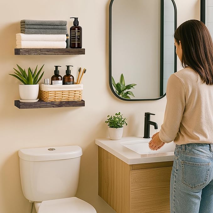 BGMG Wood Floating Shelves for Wall 18 inch, Distressed Rustic Wooden Wall Mount Shelves for Bathroom Living Room Bedroom Kitchen Farmhouse Set of 2-18x6.7x1.25 inch-Distressed Walnut